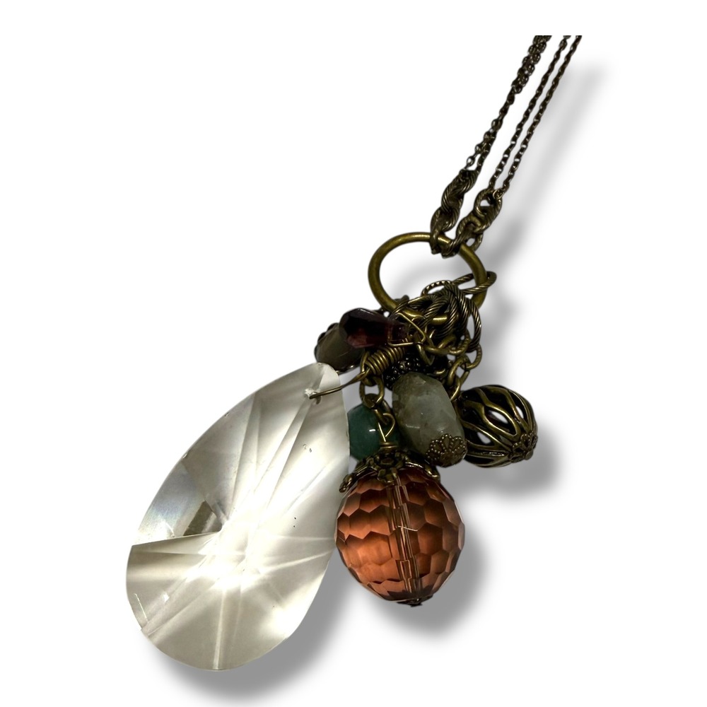 Mud Pie Charm Necklace‎ Crystal Teardrop Pendant Mixed Beads Antique Brass NWT